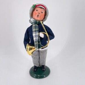 Byers Choice The Carolers 2012 Boy Man French Horn Navy Blue Coat Christmas 9.5"